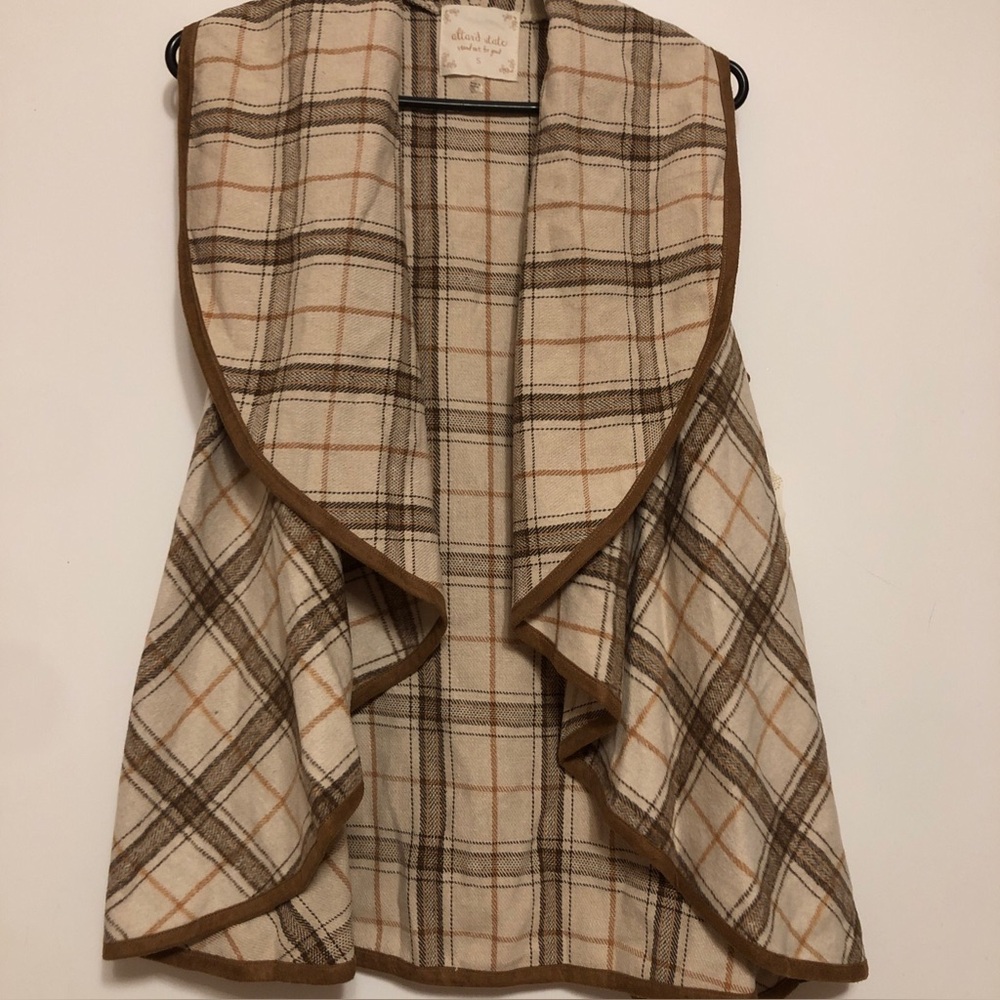 Plaid Open Front Shawl Vest in Cream, Brown & Tan